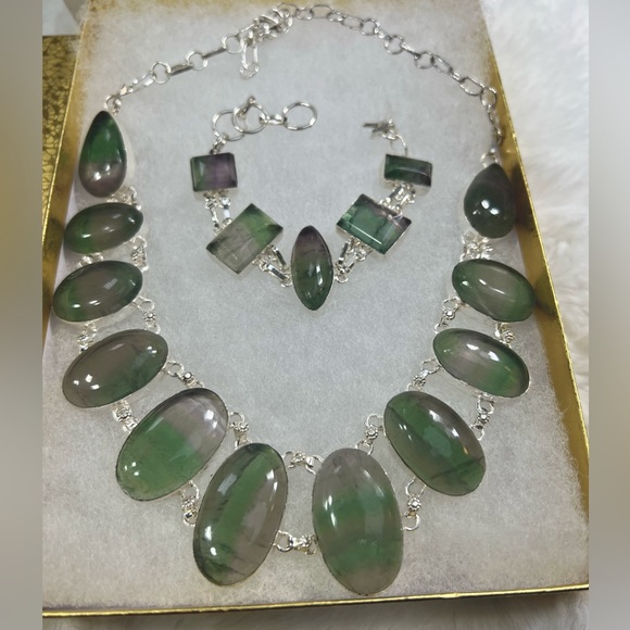 Fluorite Large 925 Gemstone Necklace & Bracelet Sst - Picture 5 of 10